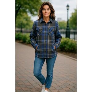 Zenana Women's 1X Blue Gray Plaid Flannel Shirt Jacket Shacket‎ Oversized
